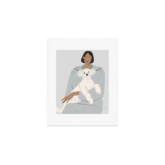 illustration of a girl in a blue suit with a white bichon frise dog Art Print Gallery Image 1