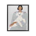 illustration of a girl in a blue suit with a white bichon frise dog Framed Canvas Print Gallery Image 6