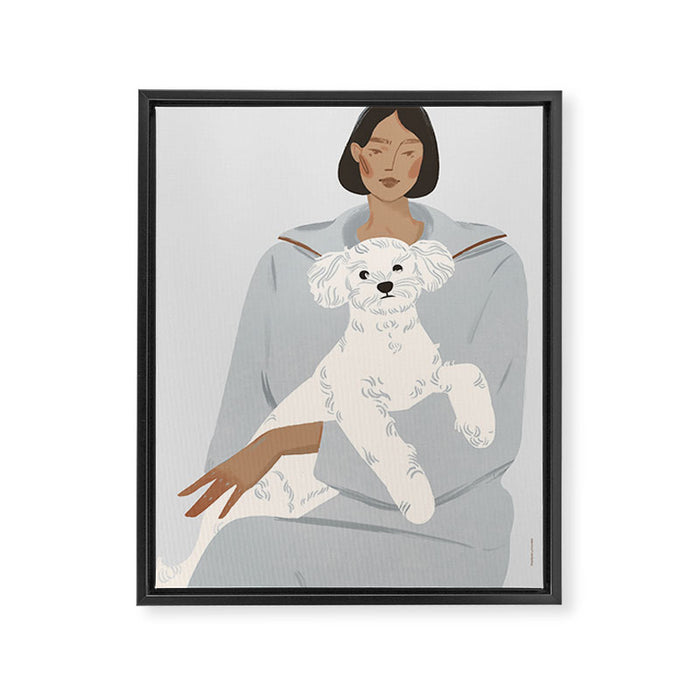 illustration of a girl in a blue suit with a white bichon frise dog Framed Canvas Print Gallery Image 1