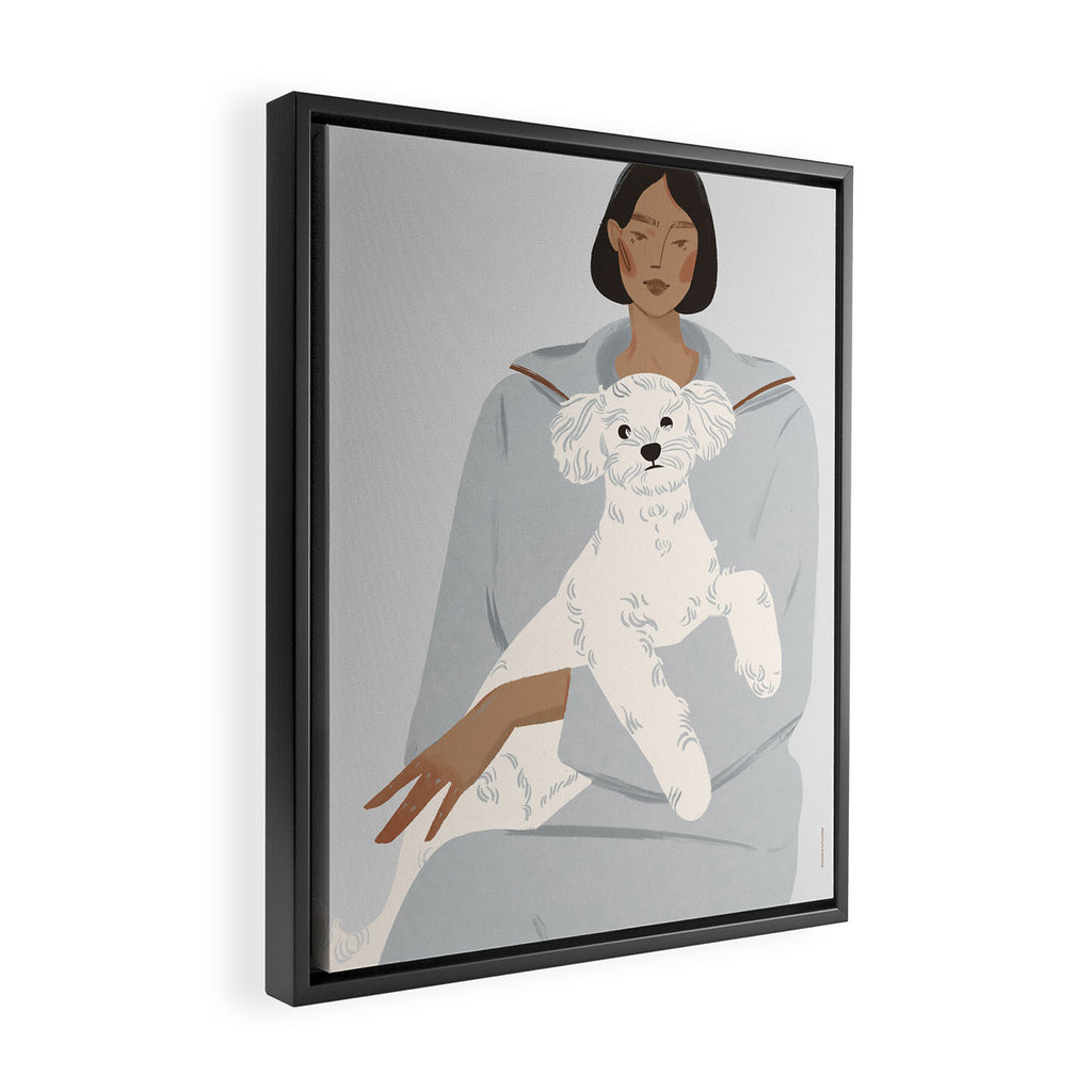 illustration of a girl in a blue suit with a white bichon frise dog Framed Canvas Print Gallery Image 2