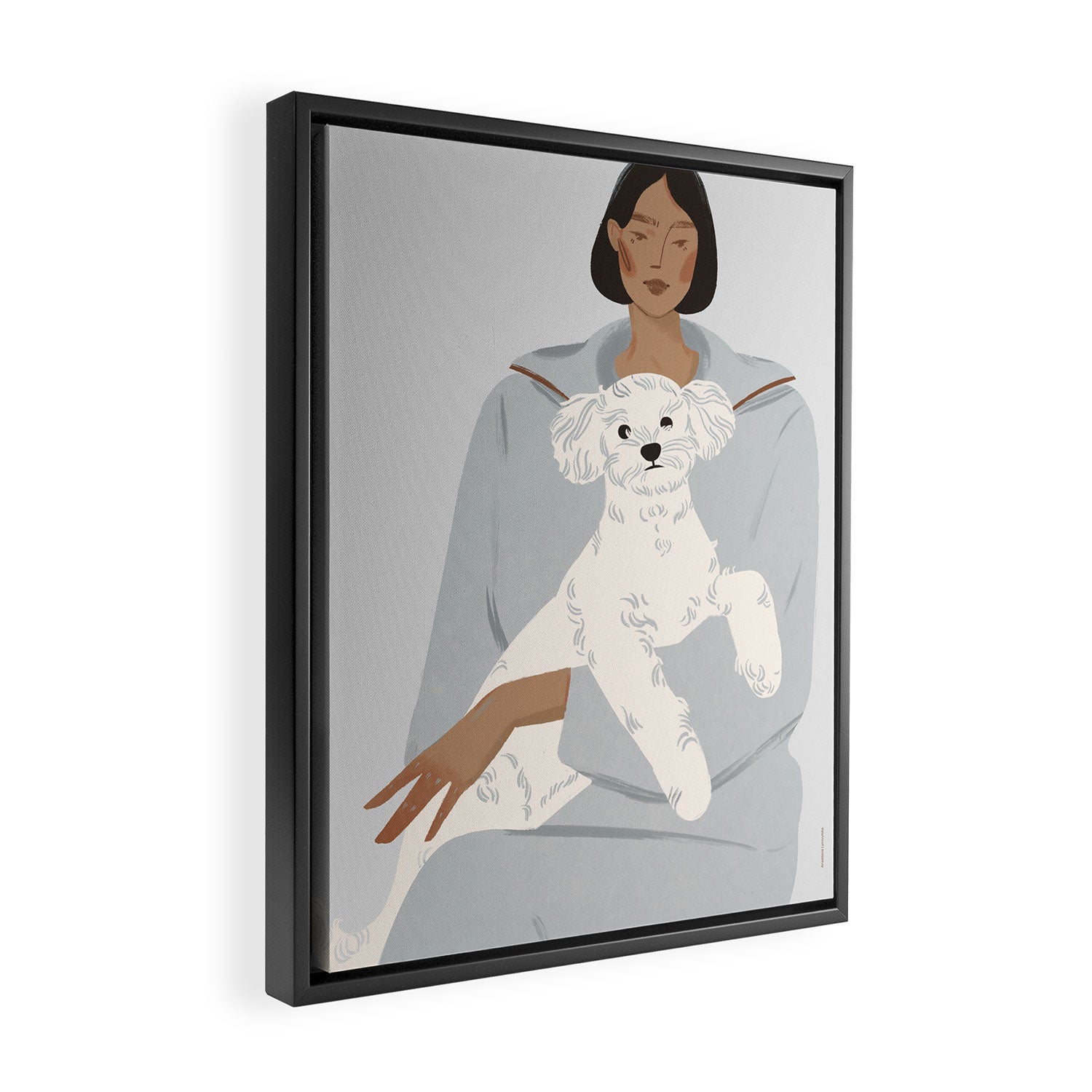 illustration of a girl in a blue suit with a white bichon frise dog Framed Canvas Print Gallery Image 2