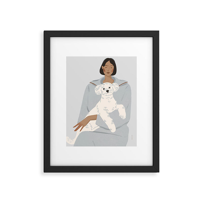 illustration of a girl in a blue suit with a white bichon frise dog Framed Art Print Gallery Image 5