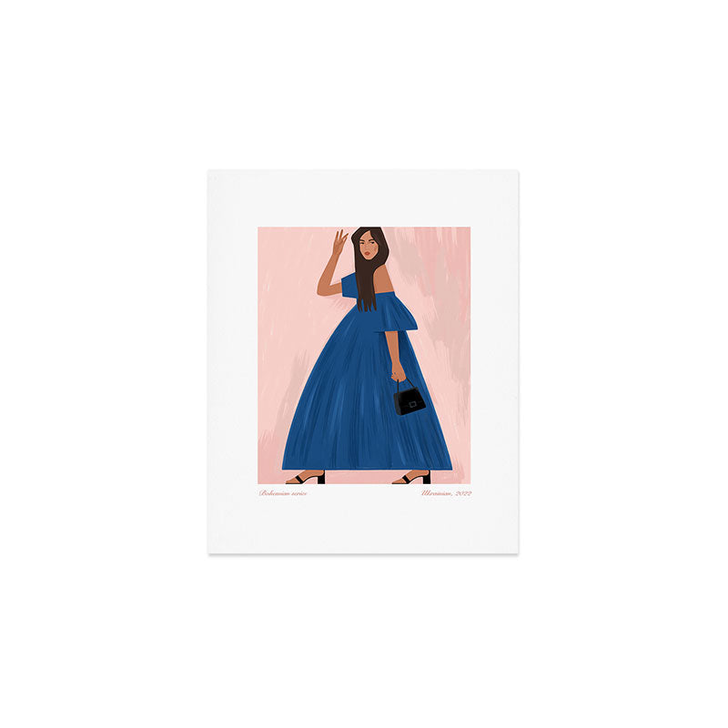 illustration of an elegant girl in a blue dress Art Print Gallery Image 1