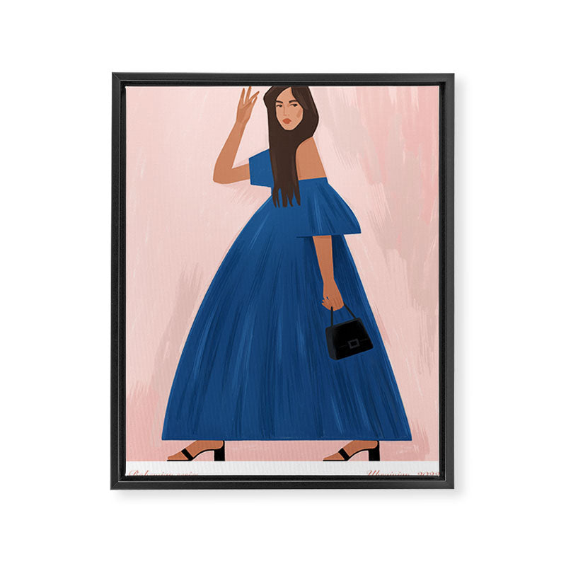 illustration of an elegant girl in a blue dress Framed Canvas Print Gallery Image 6