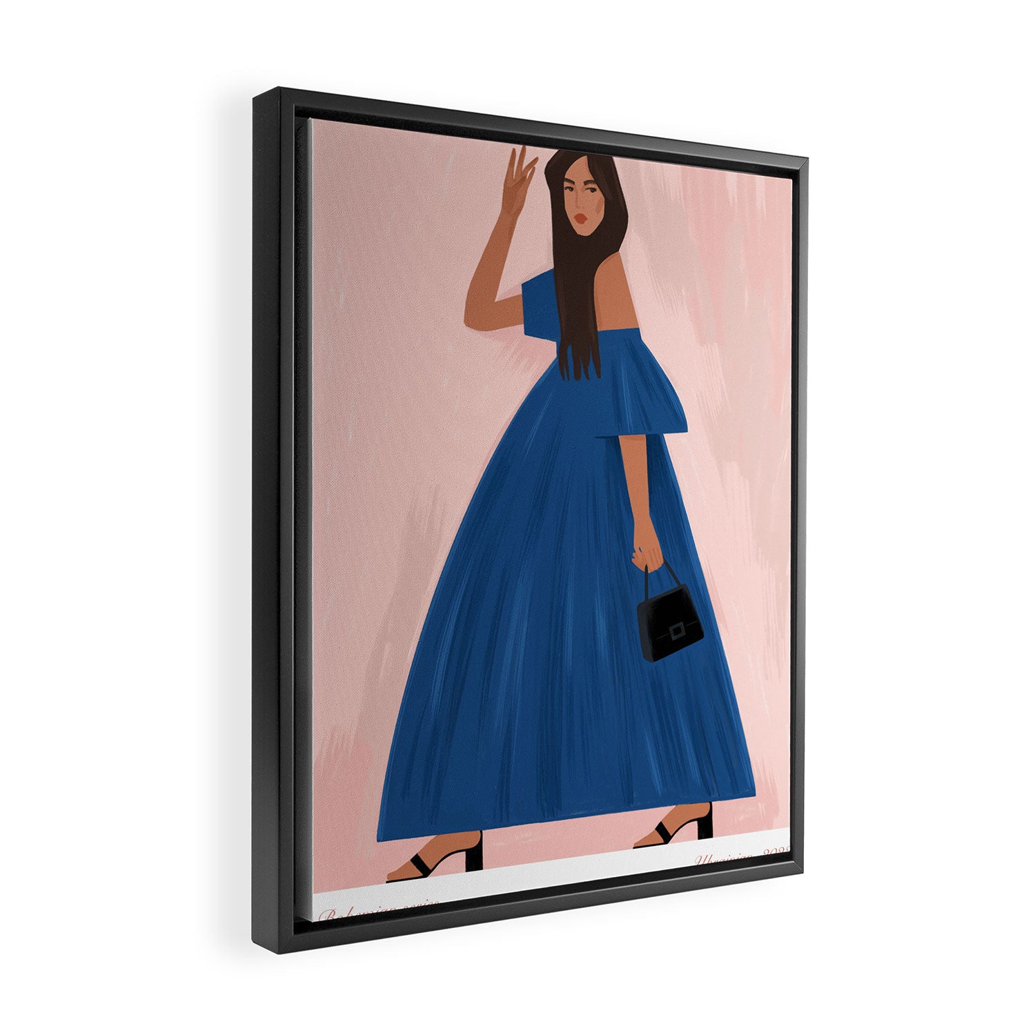 illustration of an elegant girl in a blue dress Framed Canvas Print Gallery Image 2