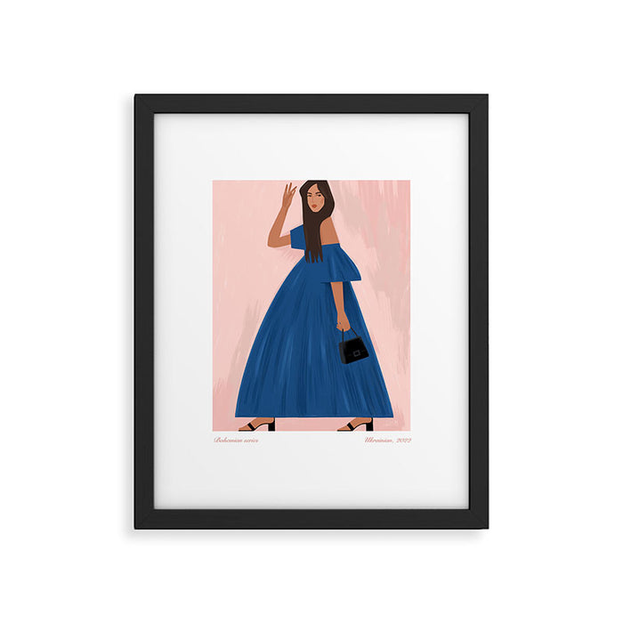 illustration of an elegant girl in a blue dress Framed Art Print Gallery Image 1