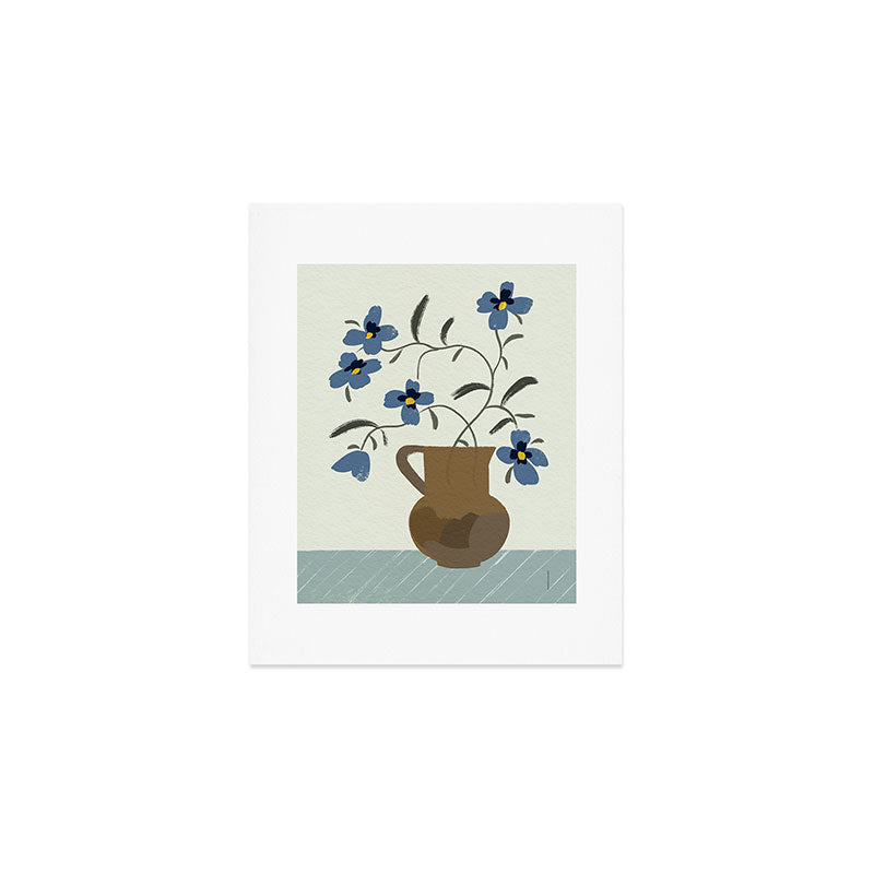  naive illustration of blue flowers in a jug Art Print Gallery Image 1