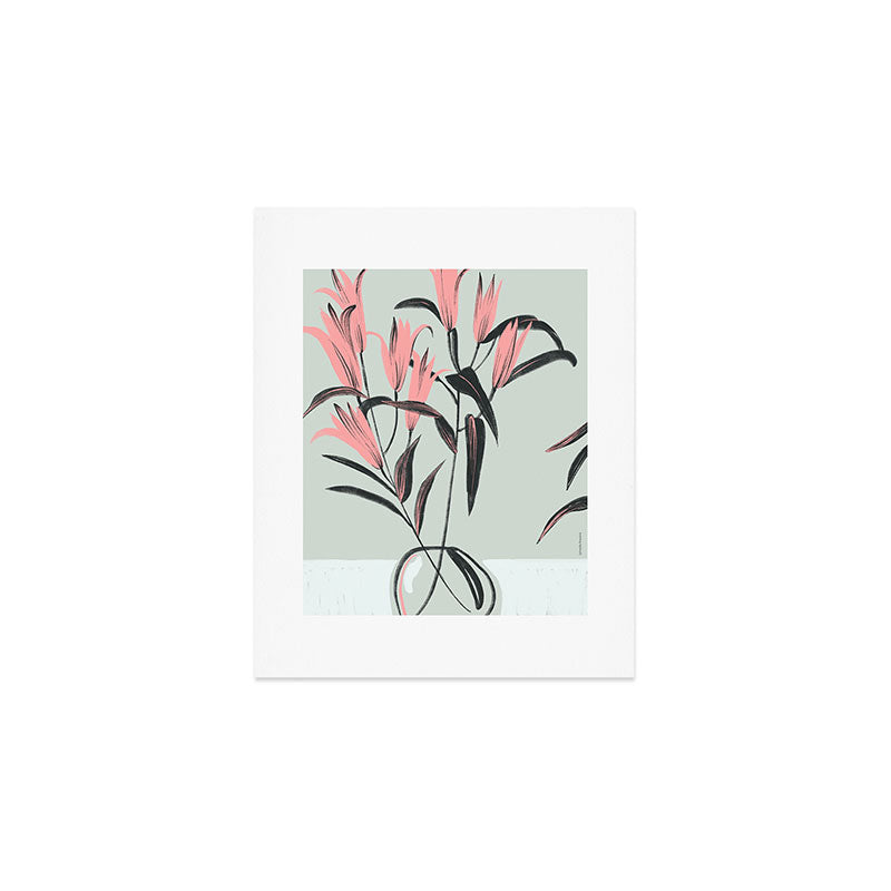 naive illustration of pink lily flower in a vase Art Print Gallery Image 1