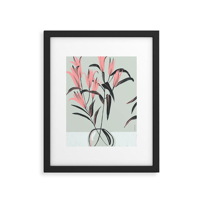 naive illustration of pink lily flower in a vase Framed Art Print Gallery Image 1