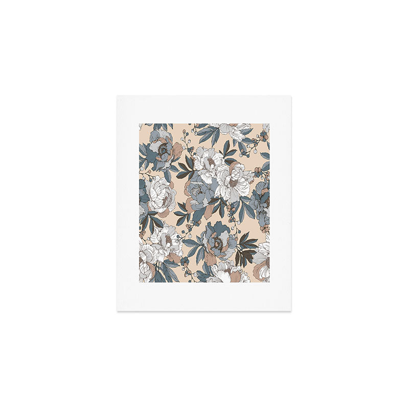 pattern lush blue, beige and white peonies Art Print Gallery Image 1