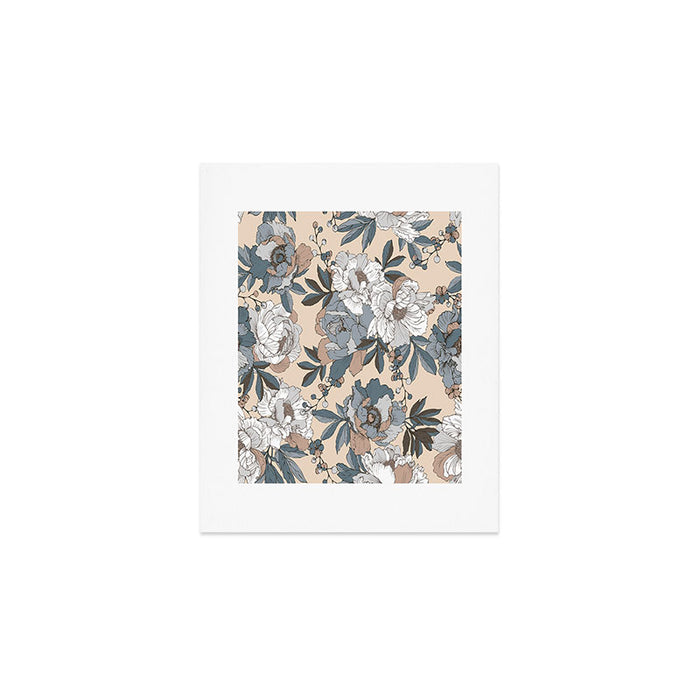 pattern lush blue, beige and white peonies Art Print Gallery Image 1