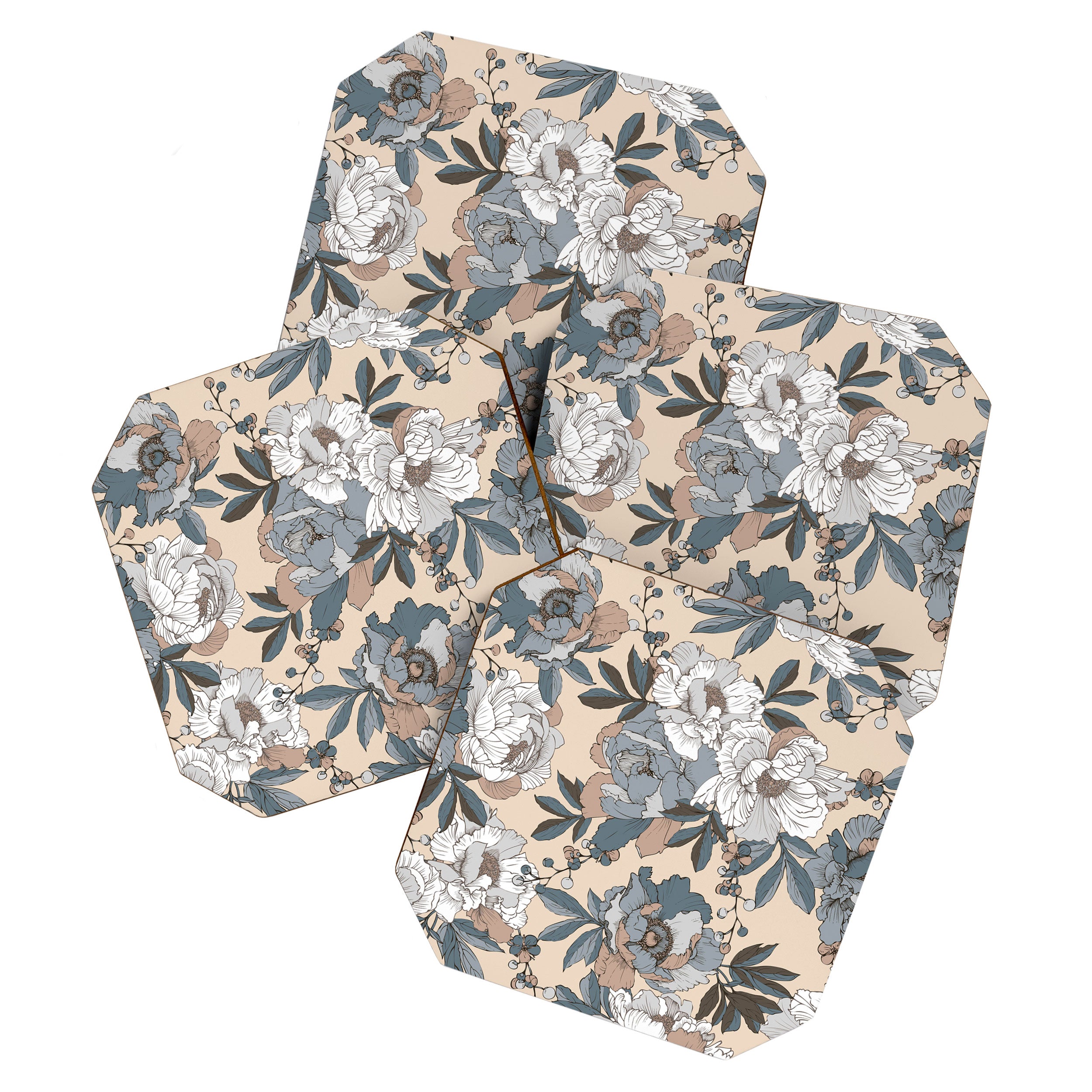 pattern lush blue, beige and white peonies Coaster Gallery Image 1