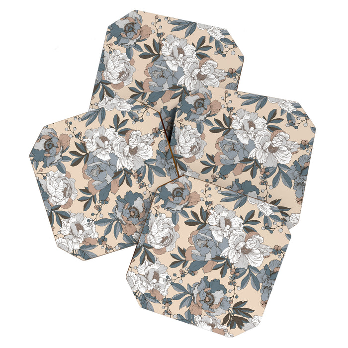 pattern lush blue, beige and white peonies Coaster Gallery Image 1