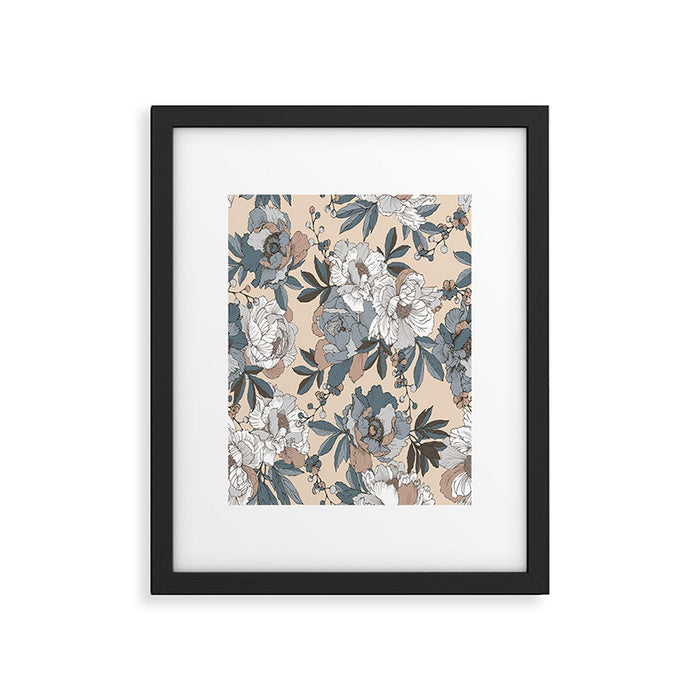 pattern lush blue, beige and white peonies Framed Art Print Gallery Image 1