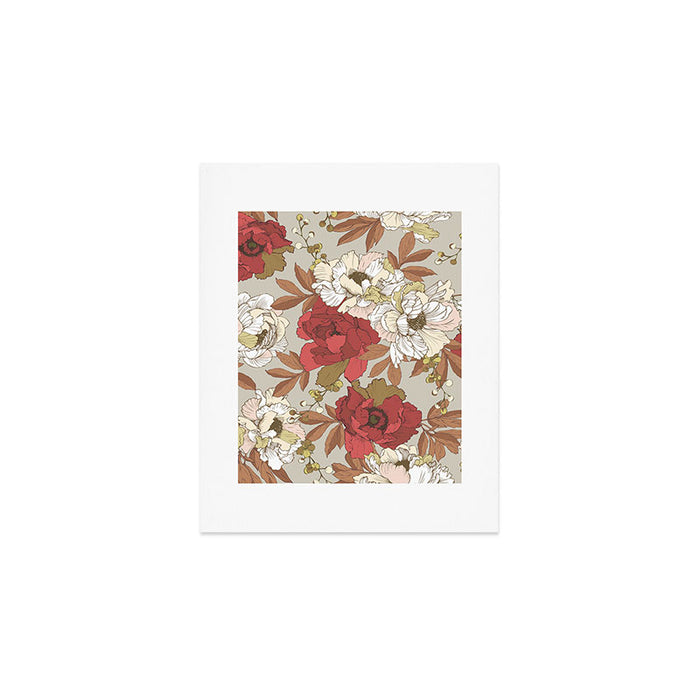 pattern lush red, beige and white peonies Art Print Gallery Image 1