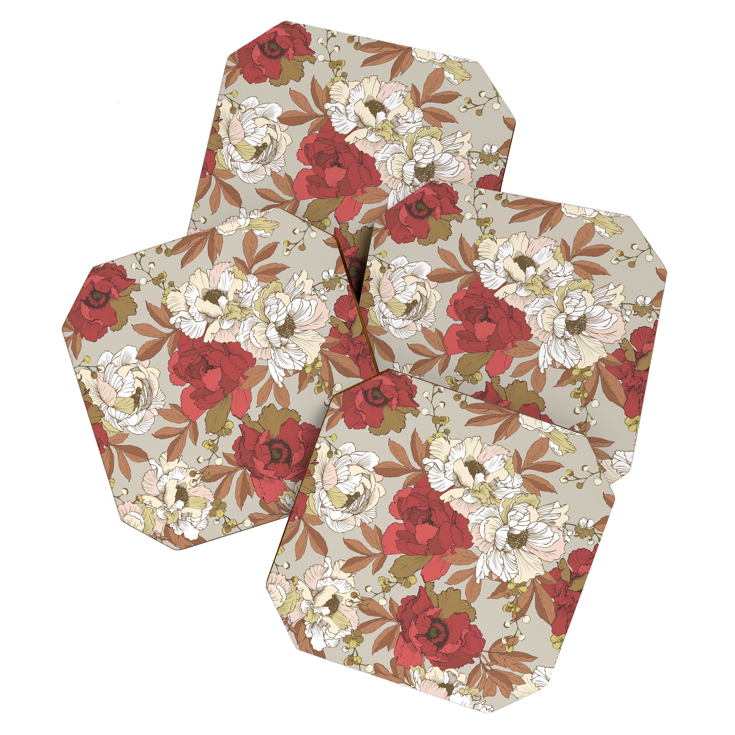 pattern lush red, beige and white peonies Coaster Gallery Image 1