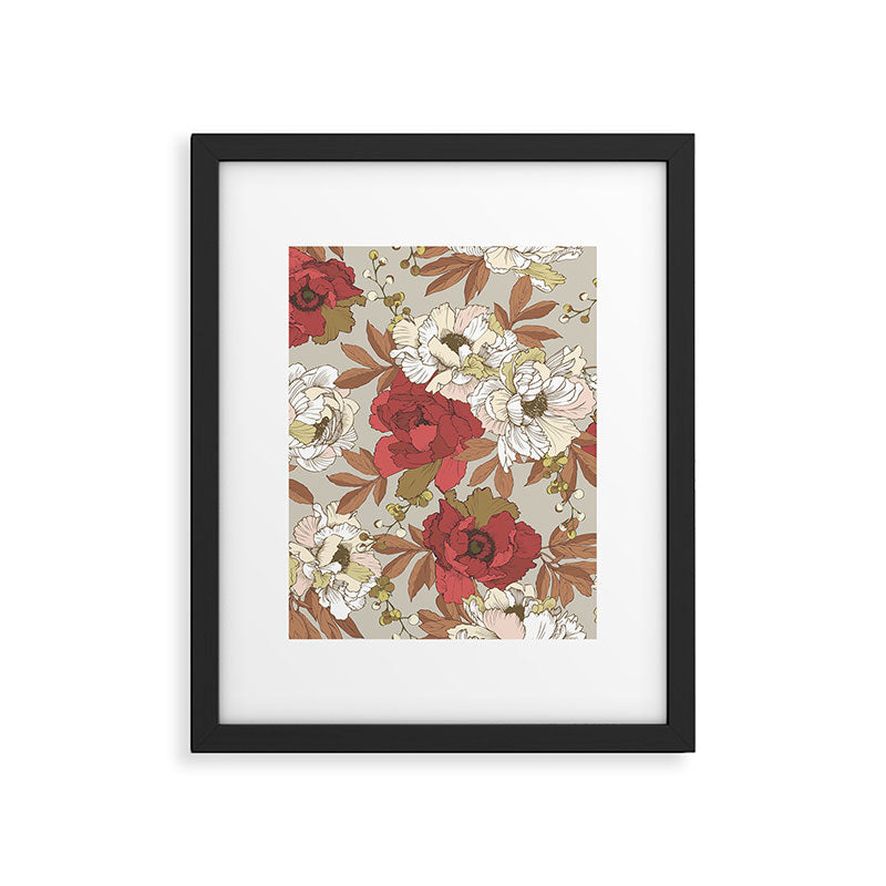 pattern lush red, beige and white peonies Framed Art Print Gallery Image 6