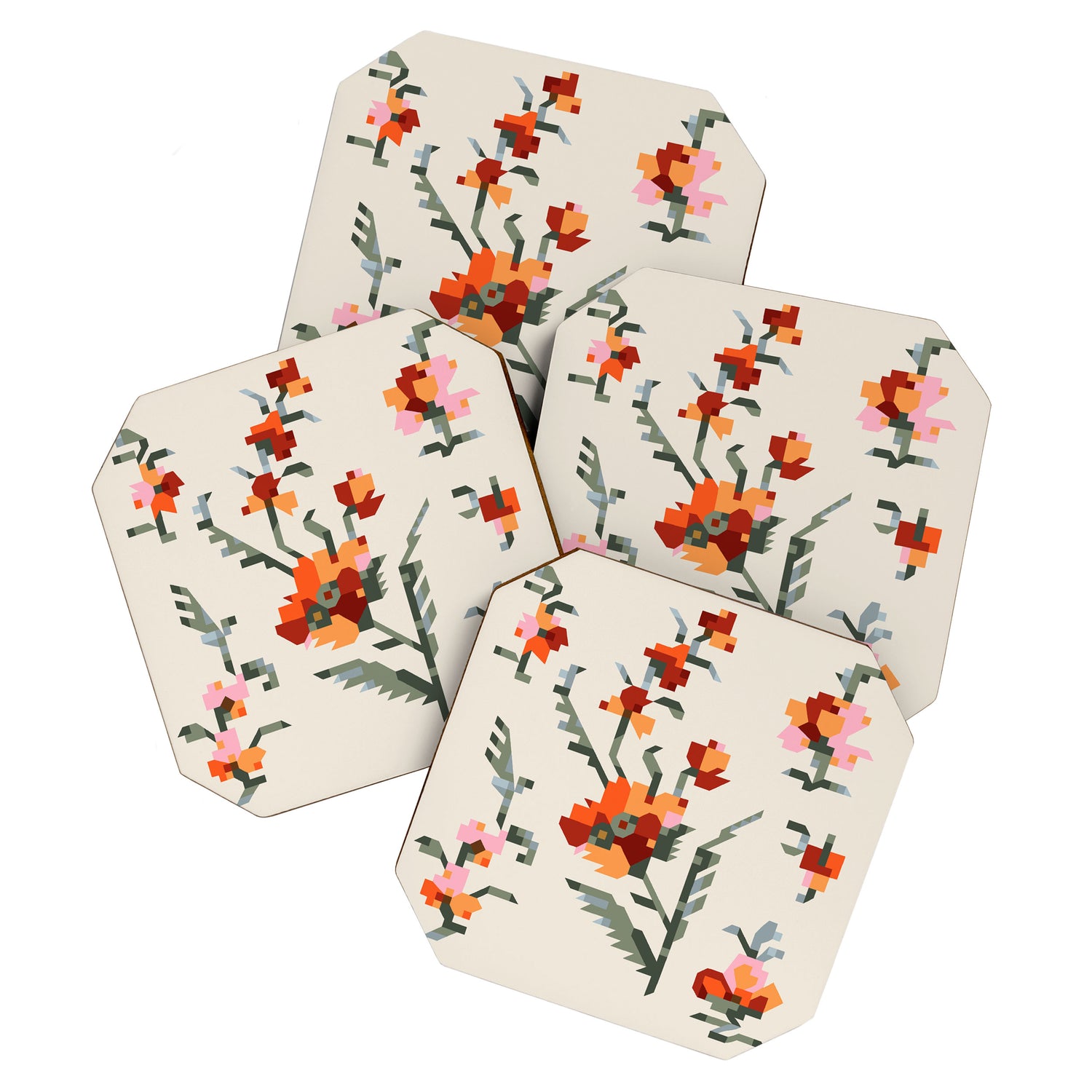 pixel folk ornaments floral embroidery Coaster Gallery Image 1