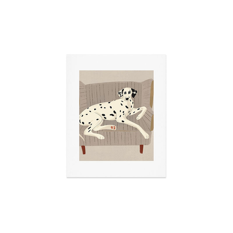 Portrait of a dog on a striped chair Art Print Gallery Image 1
