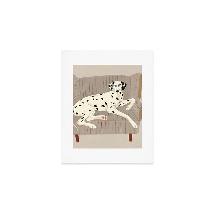 Portrait of a dog on a striped chair Art Print Gallery Image 1