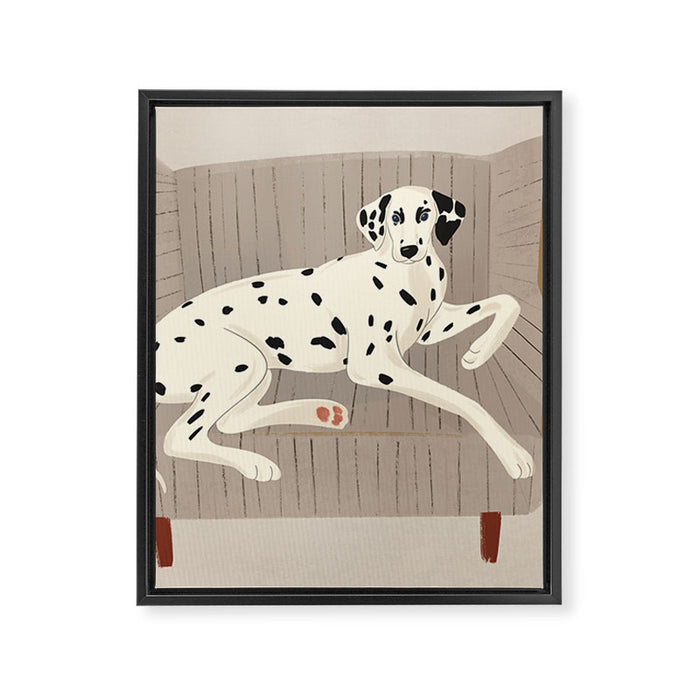 Portrait of a dog on a striped chair Framed Canvas Print Gallery Image 1