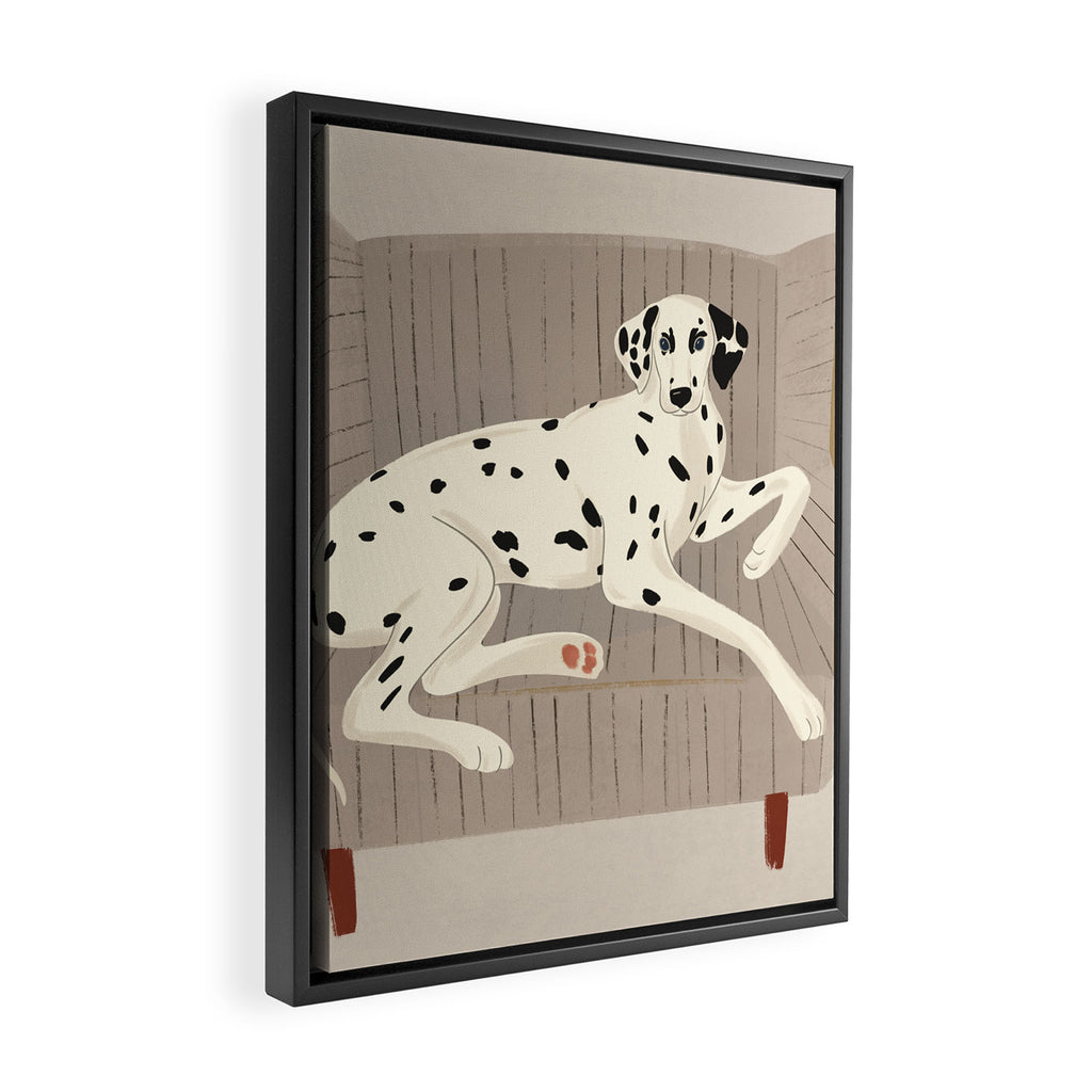 Portrait of a dog on a striped chair Framed Canvas Print Gallery Image 2