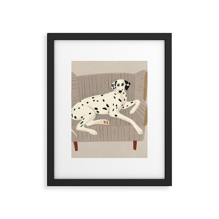 Portrait of a dog on a striped chair Framed Art Print Gallery Image 1