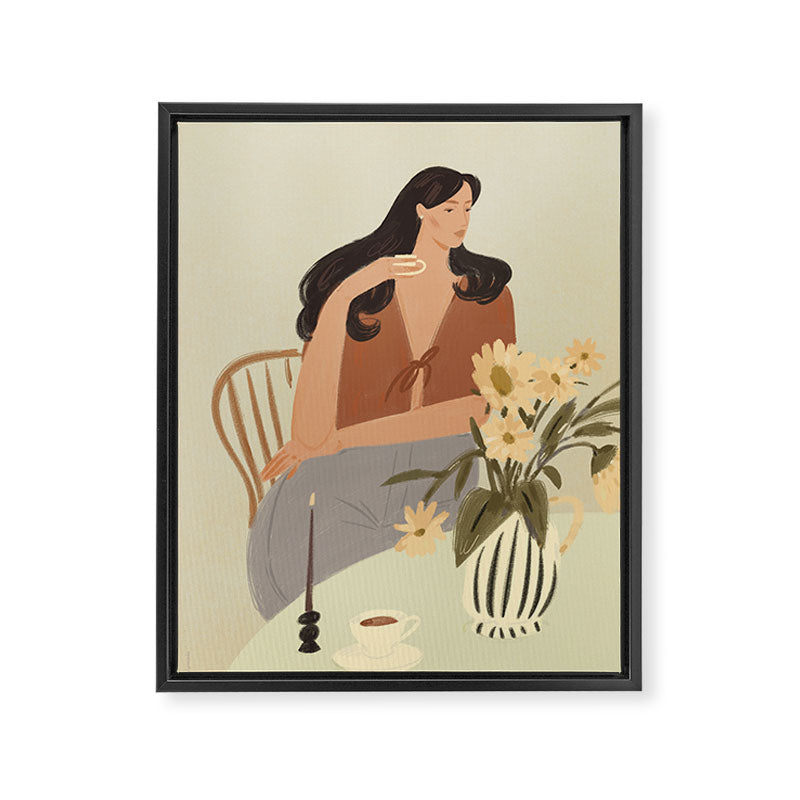 portrait of a fragile woman at a table with flowers Framed Canvas Print Gallery Image 6