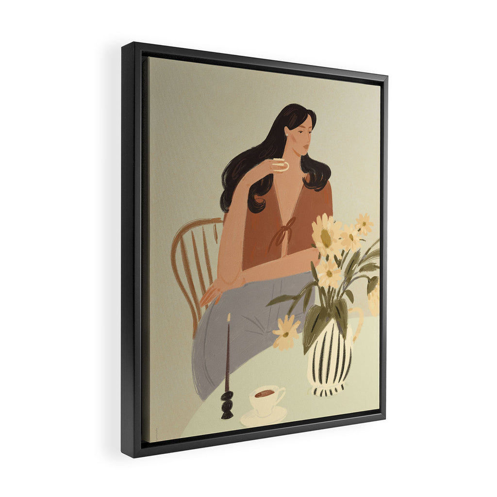 portrait of a fragile woman at a table with flowers Framed Canvas Print Gallery Image 2