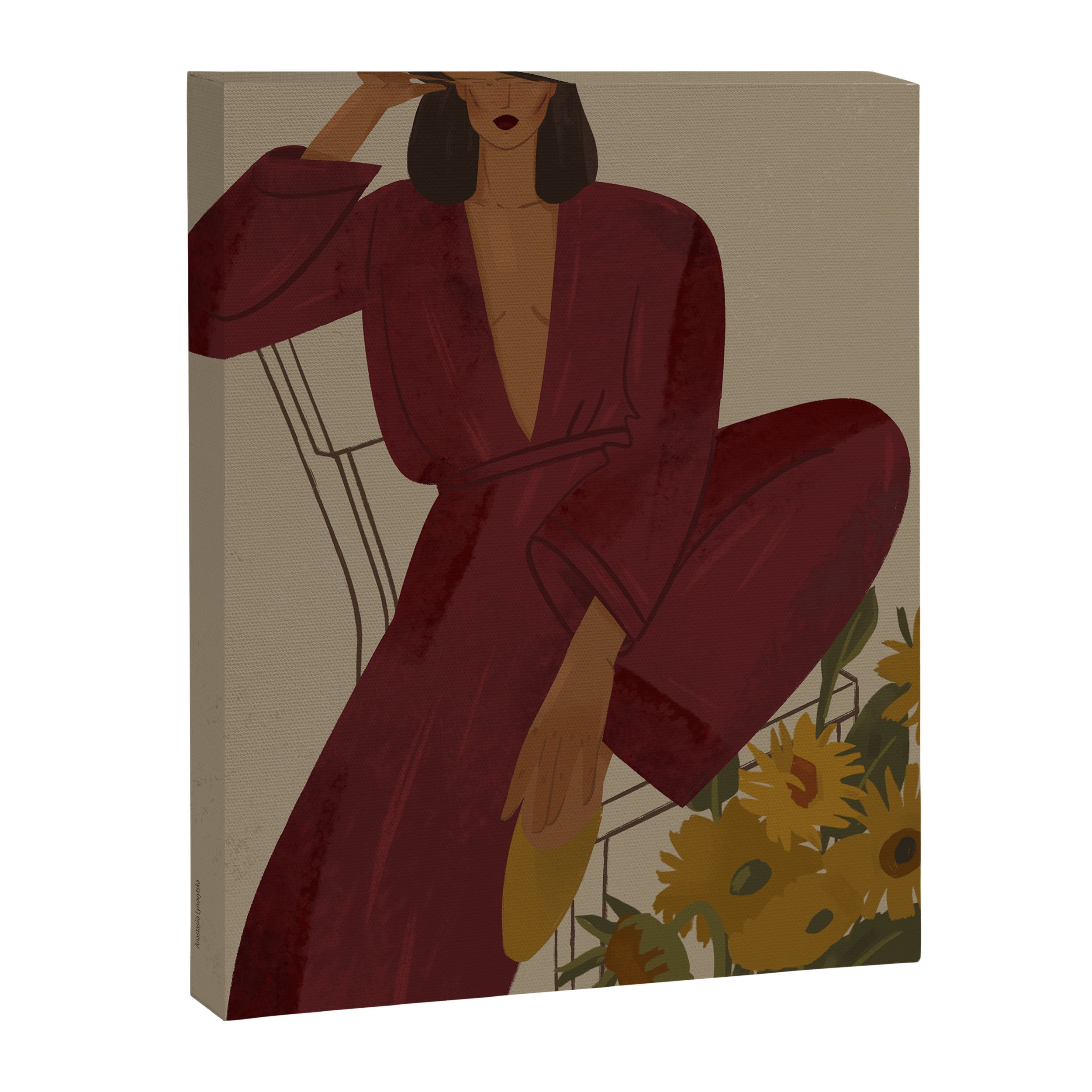  portrait of a fragile woman in a red suit with sunflowers Canvas Print Gallery Image 6