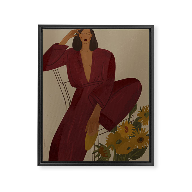  portrait of a fragile woman in a red suit with sunflowers Framed Canvas Print Gallery Image 6