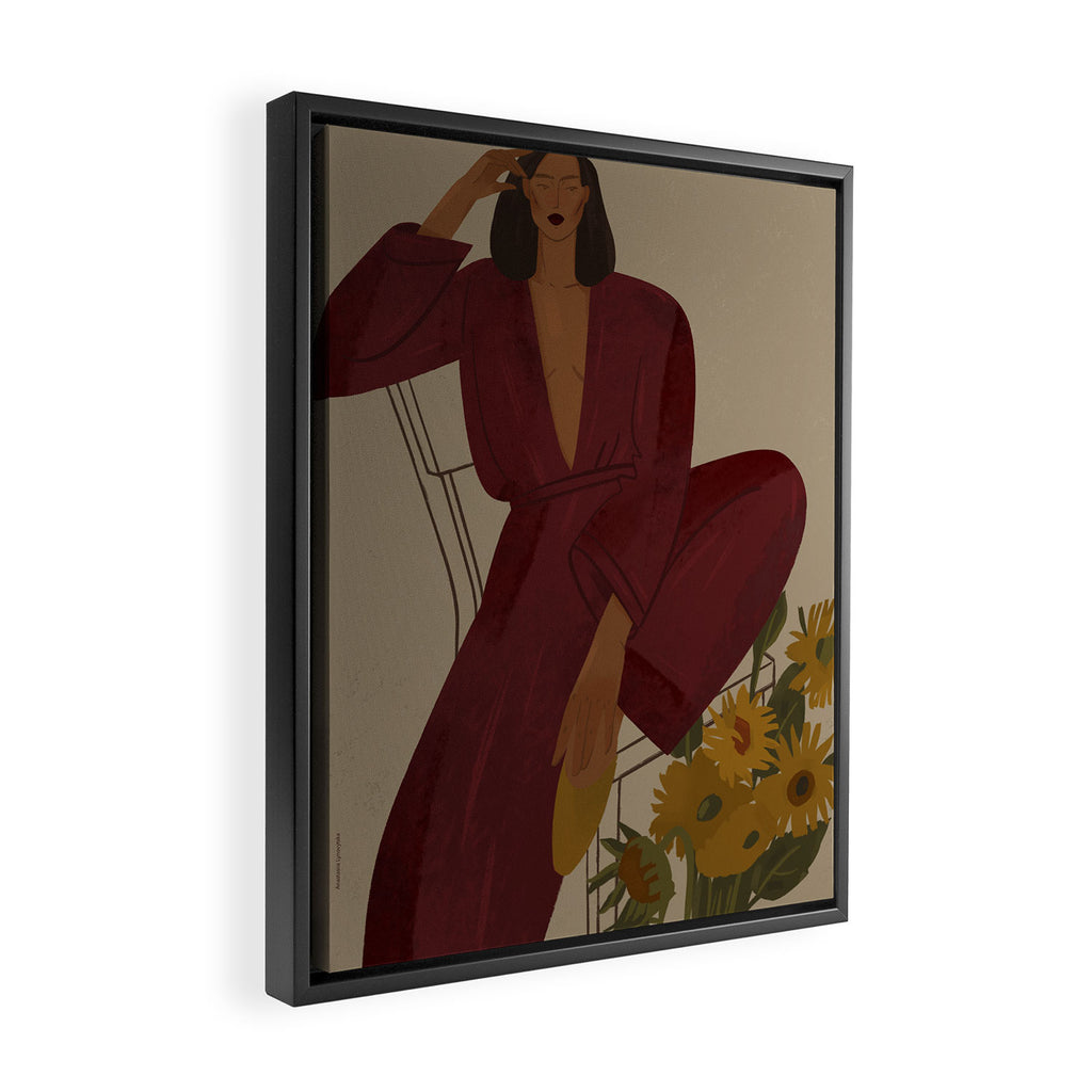  portrait of a fragile woman in a red suit with sunflowers Framed Canvas Print Gallery Image 2