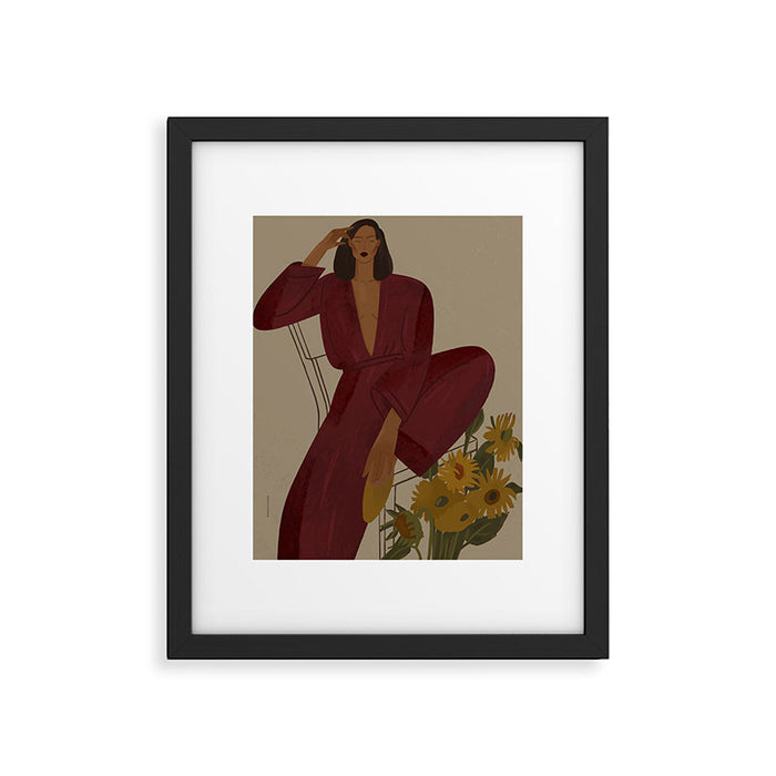  portrait of a fragile woman in a red suit with sunflowers Framed Art Print Gallery Image 1