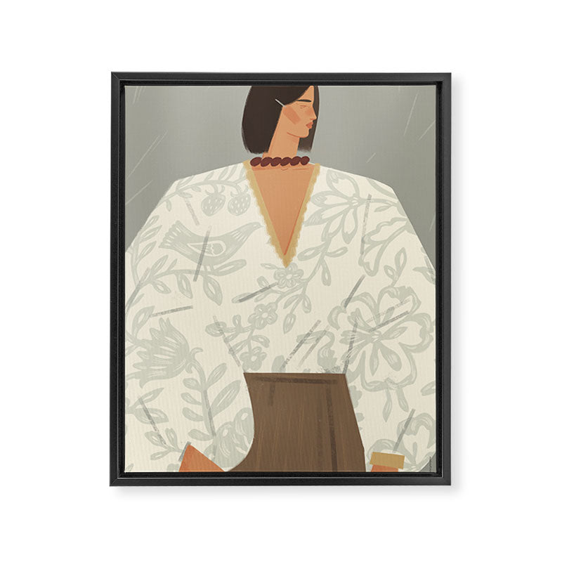  portrait of a fragile woman in a white embroidered shirt on a blue background Framed Canvas Print Gallery Image 6