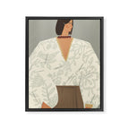  portrait of a fragile woman in a white embroidered shirt on a blue background Framed Canvas Print Gallery Image 6