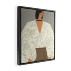  portrait of a fragile woman in a white embroidered shirt on a blue background Framed Canvas Print Gallery Image 2