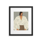  portrait of a fragile woman in a white embroidered shirt on a blue background Framed Art Print Gallery Image 5