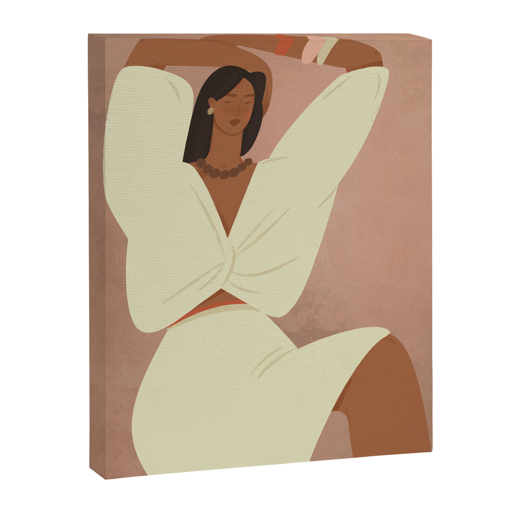  portrait of a fragile woman in a white suit on a pink background Canvas Print Gallery Image 6