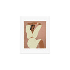  portrait of a fragile woman in a white suit on a pink background Art Print Gallery Image 1