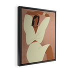  portrait of a fragile woman in a white suit on a pink background Framed Canvas Print Gallery Image 2