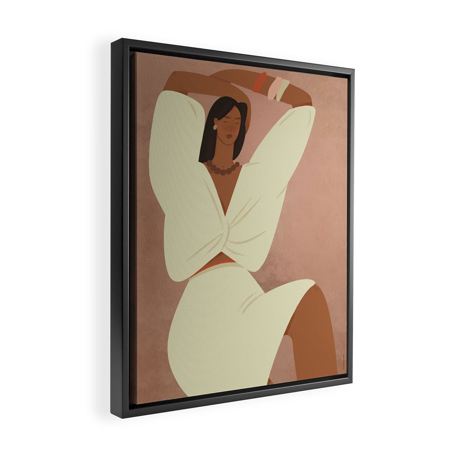  portrait of a fragile woman in a white suit on a pink background Framed Canvas Print Gallery Image 2