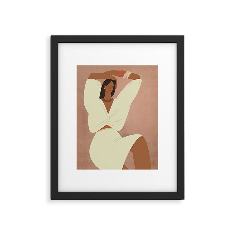  portrait of a fragile woman in a white suit on a pink background Framed Art Print Gallery Image 5