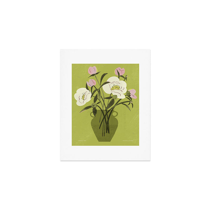 portrait of a girl with a peach in a green dress Art Print Gallery Image 1