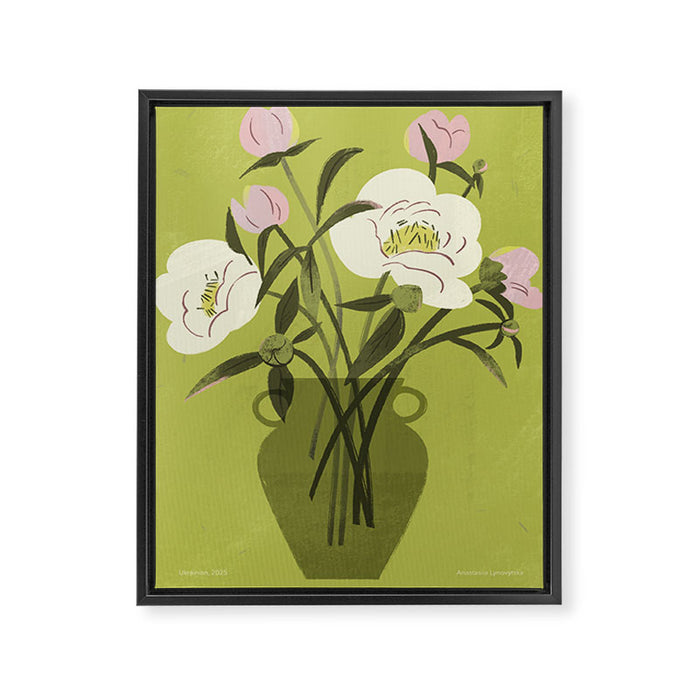 portrait of a girl with a peach in a green dress Framed Canvas Print Gallery Image 1