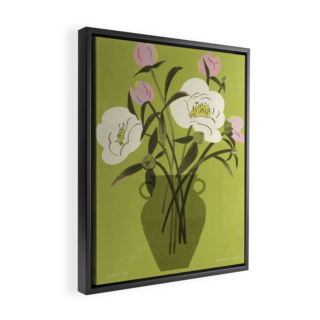 portrait of a girl with a peach in a green dress Framed Canvas Print Gallery Image 2