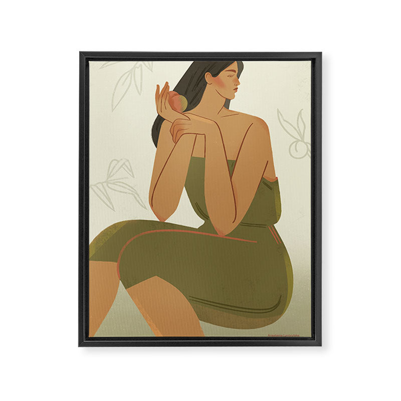 portrait of a girl with a peach in a green dress Framed Canvas Print Gallery Image 6