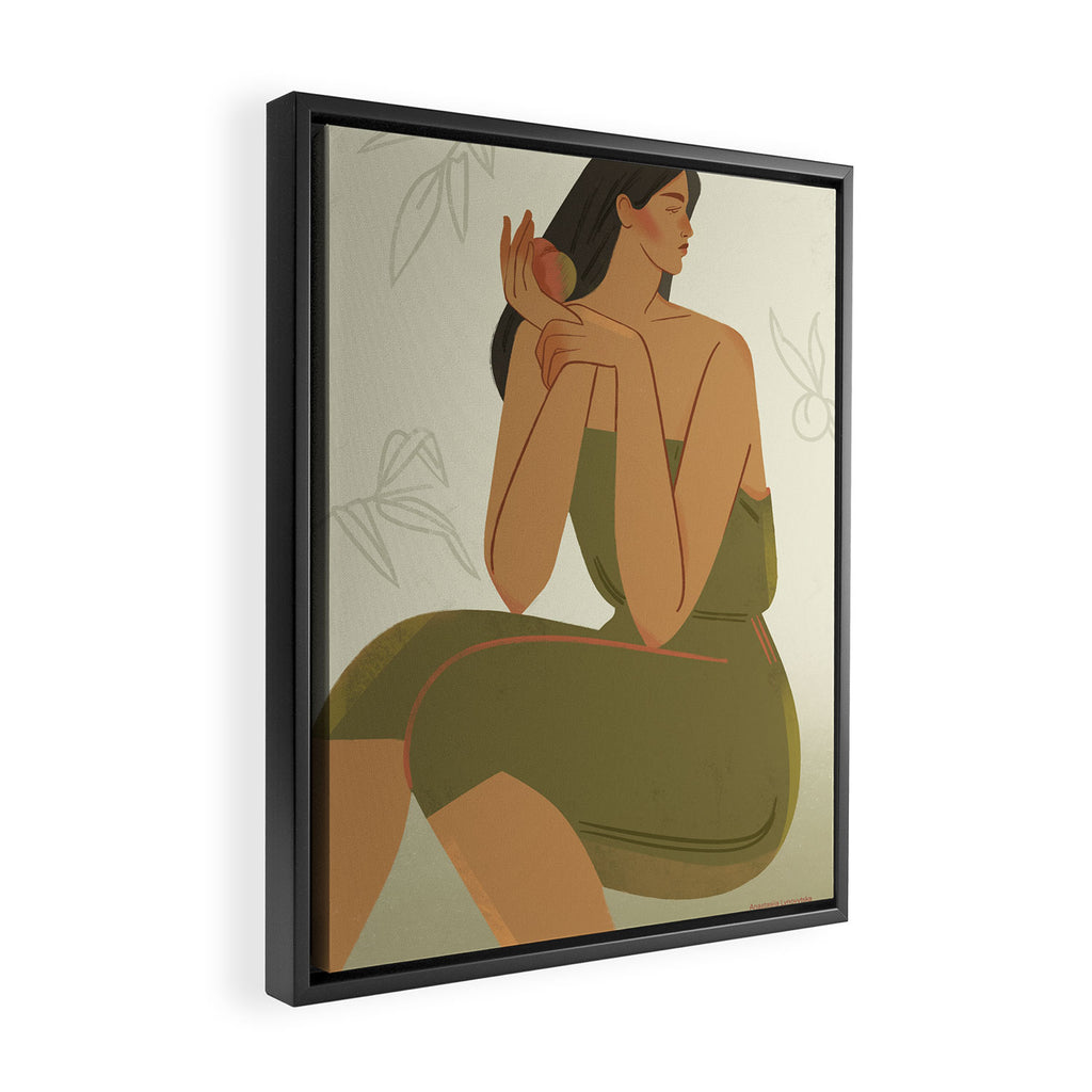 portrait of a girl with a peach in a green dress Framed Canvas Print Gallery Image 2
