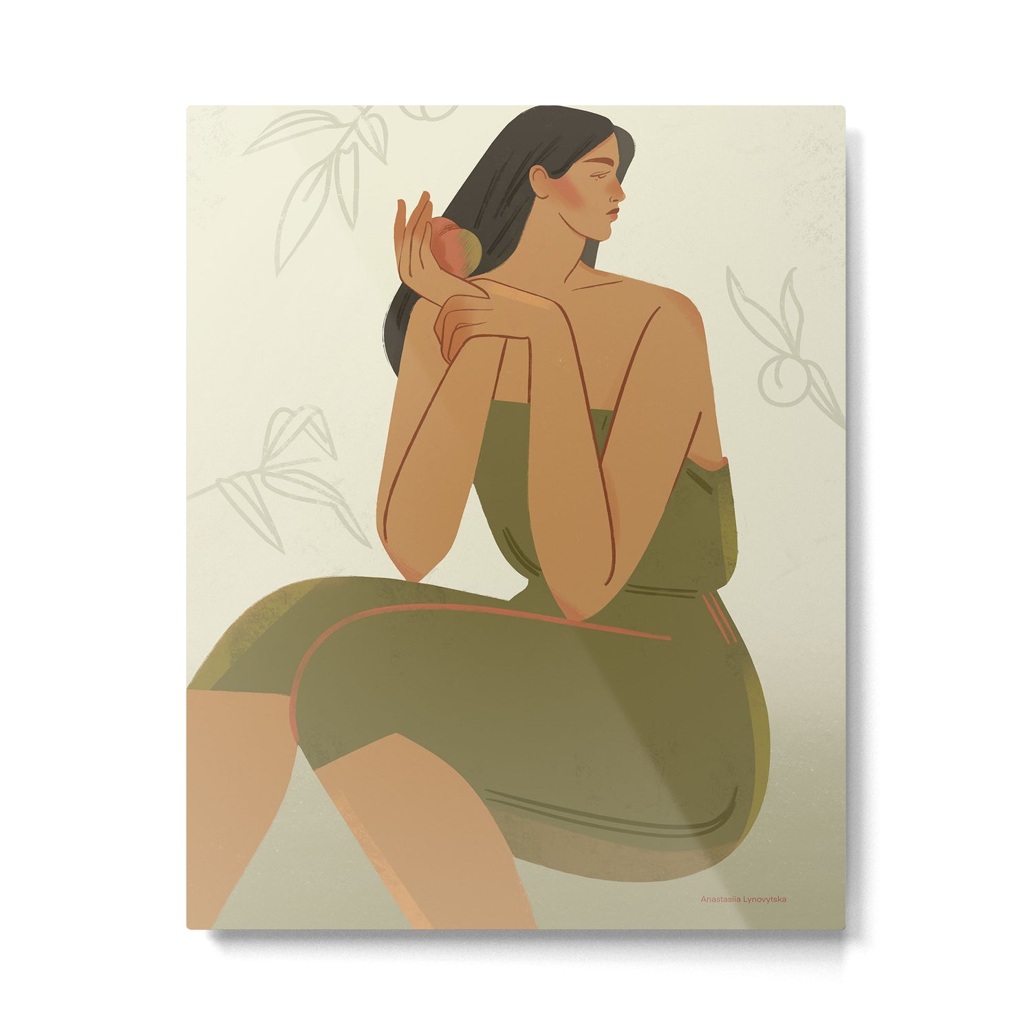 portrait of a girl with a peach in a green dress Metal Print Gallery Image 4