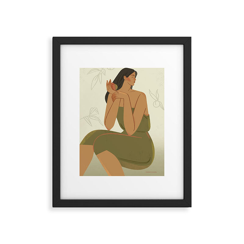portrait of a girl with a peach in a green dress Framed Art Print Gallery Image 5