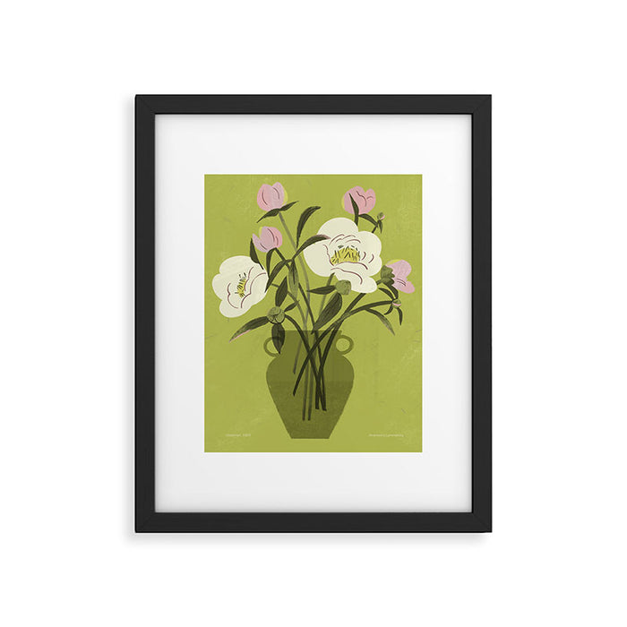 portrait of a girl with a peach in a green dress Framed Art Print Gallery Image 1